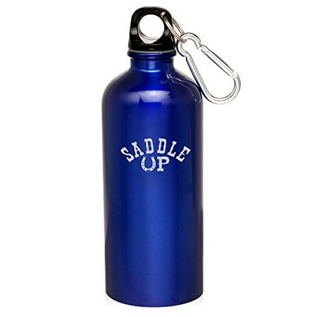 - 20oz Aluminum Sports Water Bottle Caribiner Clip Saddle Up Horseshoe (Blue)