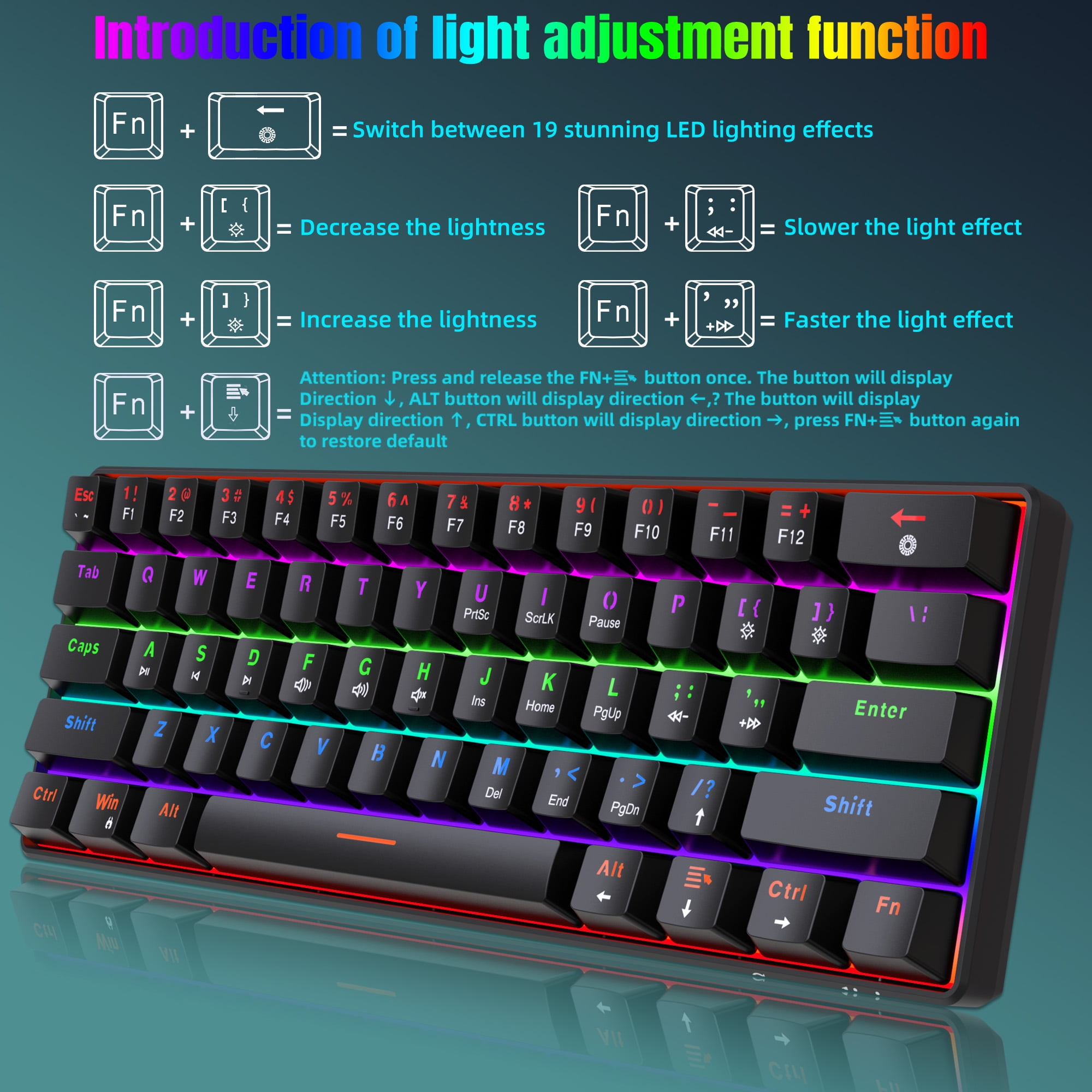 UHM 60% Wired Mechanical Gaming Keyboard,RGB Backlit Mini Keyboard with Blue Switch/Multimedia Keys,Waterproof Small Ultra-Compact 61 Keys Keyboard for PC/Mac Gamer,Typist,Travel,Black