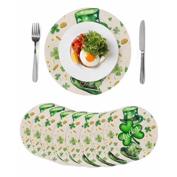 Green St. Patrick's Day Round 15 Inch Placemats Set of 8, Lucky S Love Heart Rustic HeatResistant Non Slip Place Mats for Dining Table, Wipeable Braided Kitchen Table Mats for Housewarming