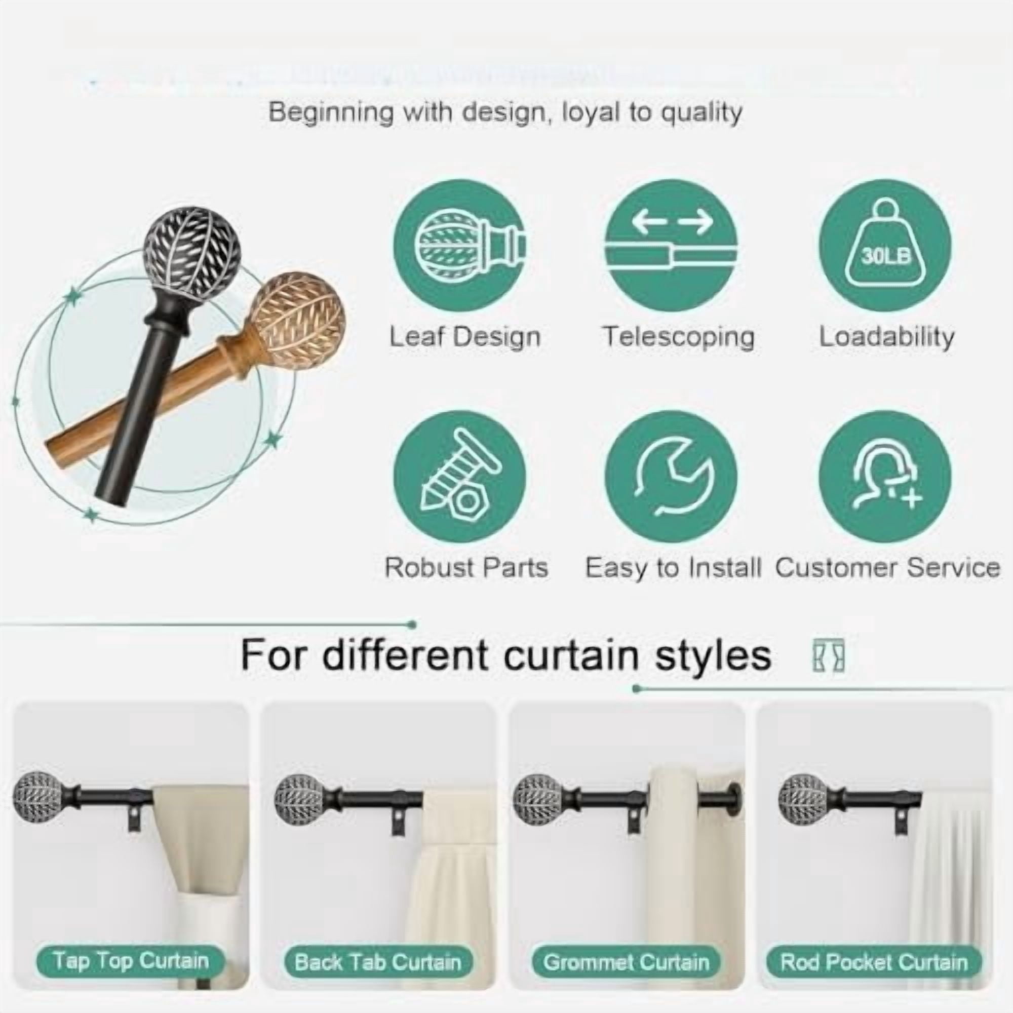 2 Pack Black Curtain Rods for Windows 28 to 48 Inch,1'' Diameter Drapery Rods with Leaf Pattern Finials,Decorative Adjustable Heavy Duty Curtain Rods Set,18-60''