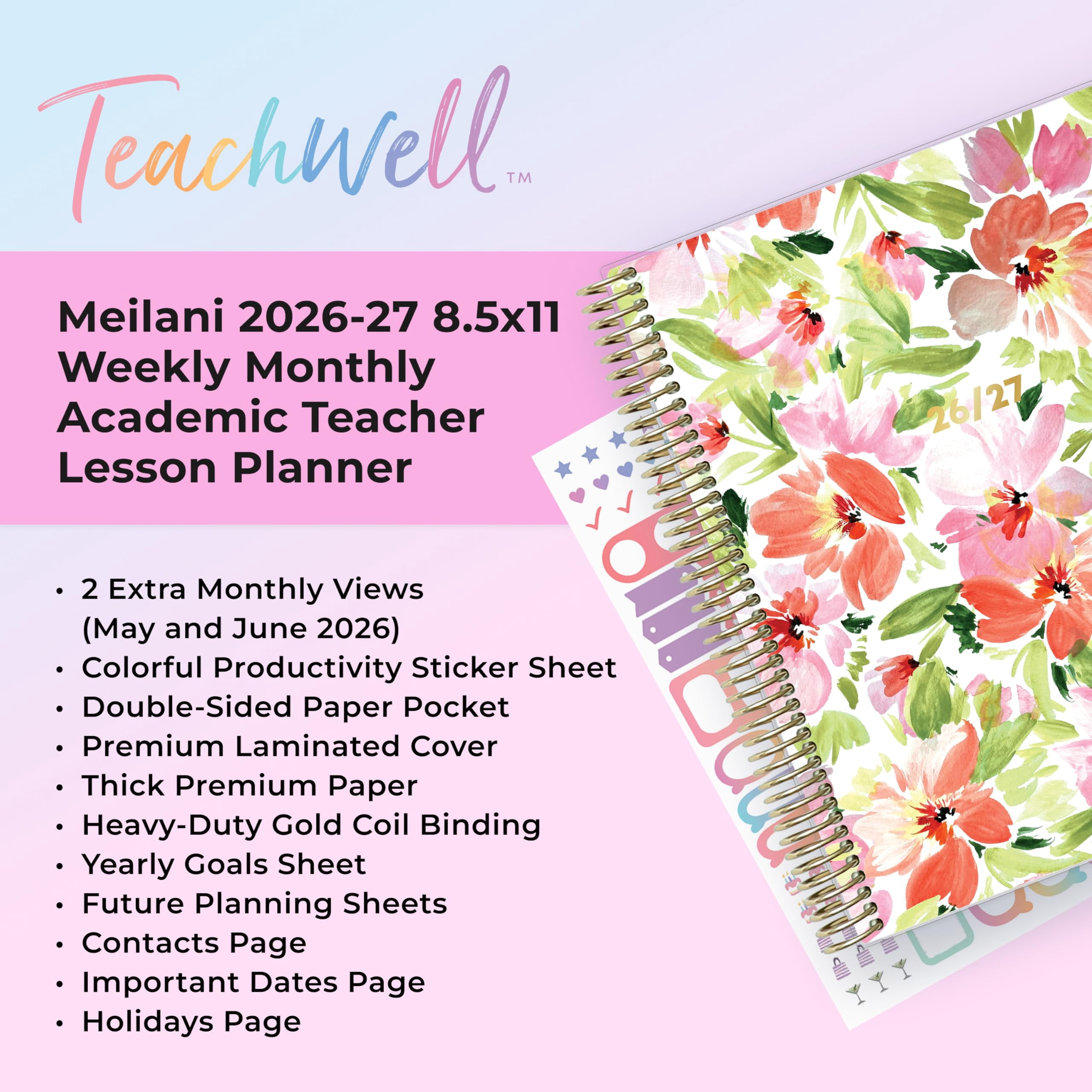 Blue Sky Teachwell 2026-2027 Weekly and Monthly Academic Year Teacher Lesson Planner Calendar, July 2026 - June 2027, 8.5" x 11",Colorful Interior, Storage Pocket, Stickers, Meilani