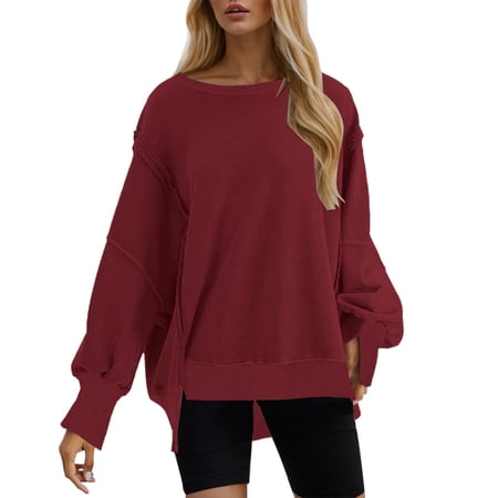 kpoplk Women s Oversized Sweatshirt Crew Neck Long Sleeve Shirts Pullover Long Sleeve Tops(Wine M)