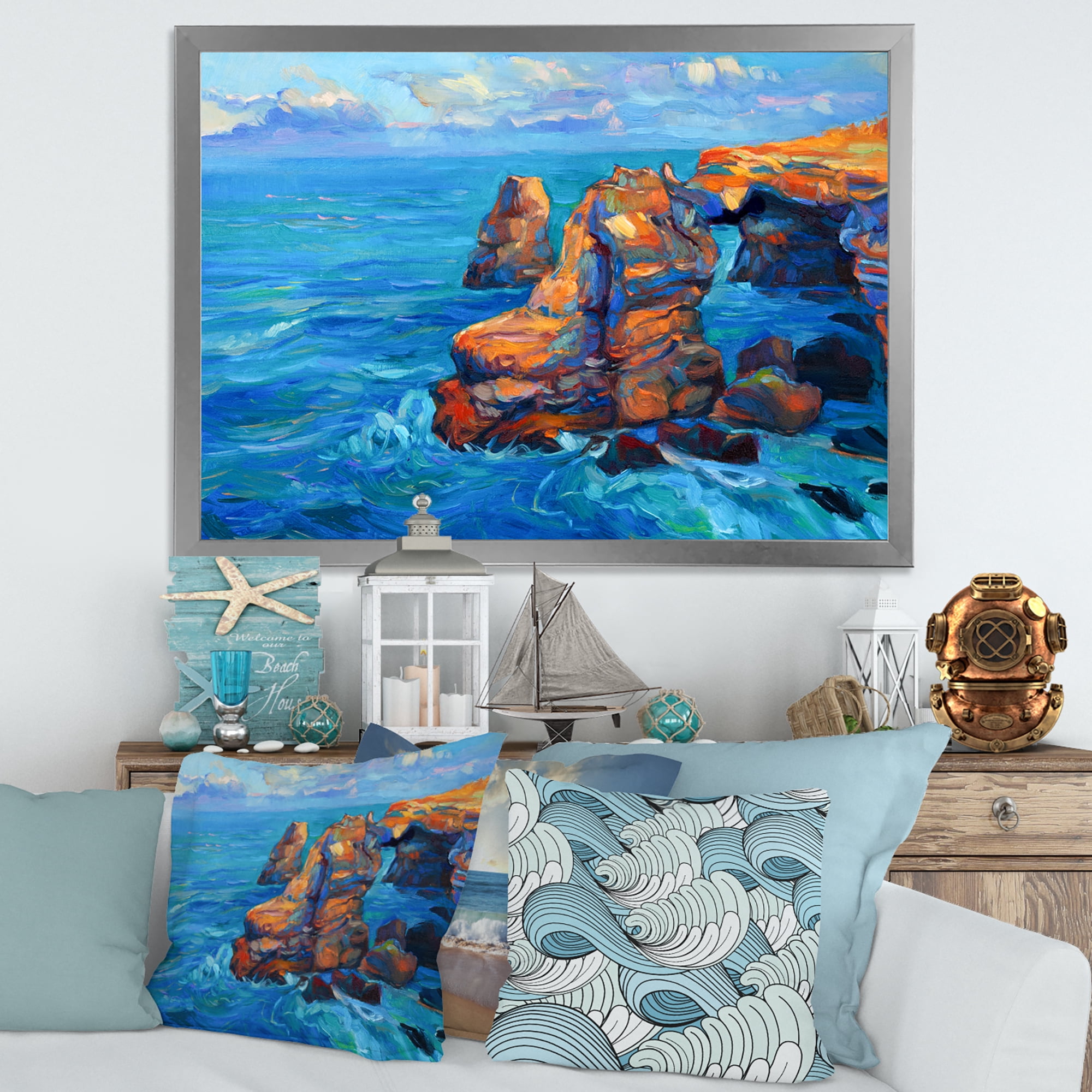 Designart 'The Blue Ocean By Rocky Cliffs' Nautical & Coastal Framed Art Print