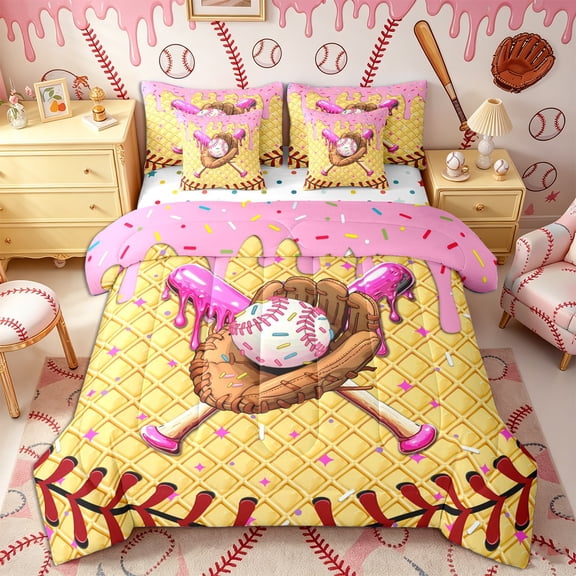 Castle Fairy Baseball Ice Cream Twin Bedding 7-Piece, Sport Glove Bat Bedding Comforter Set, Brown Pink