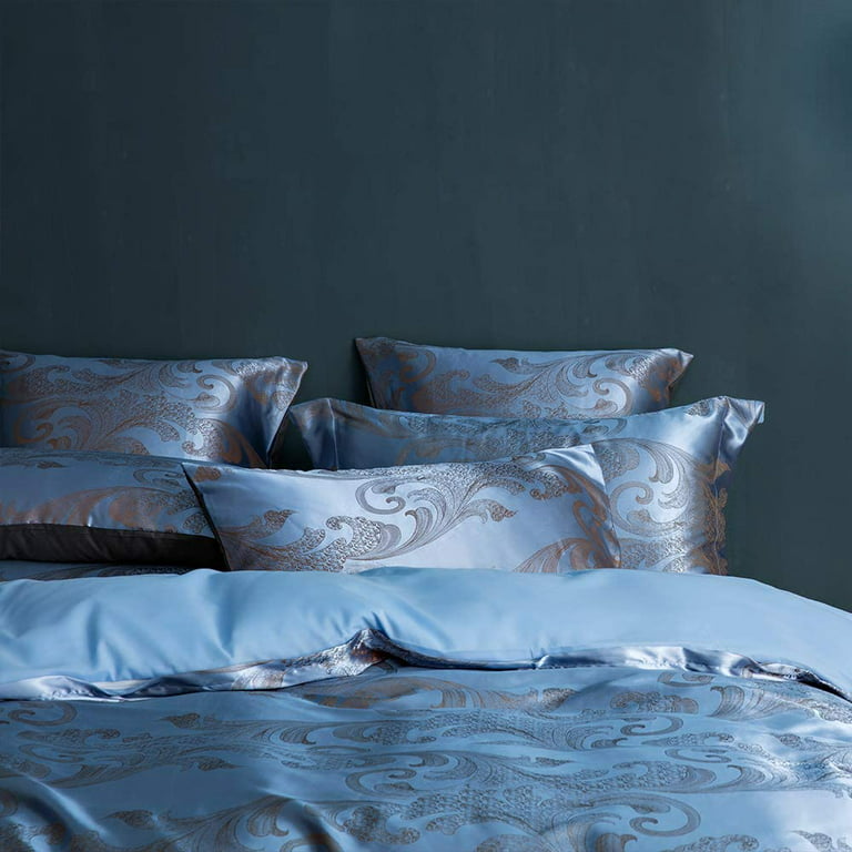 Luxury Blue Duvet Cover Set, Jacquard Fabric Aesthetic Bedding Decorat
