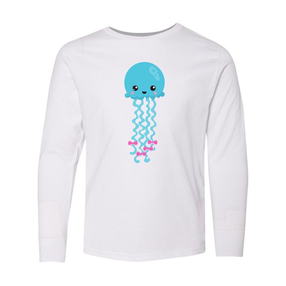 Inktastic Blue Jellyfish, Cute Jellyfish With Pink Ribbons Long Sleeve Youth T-Shirt