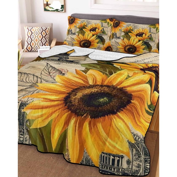 Yellow Sunflower Twin Size Down Alternative Comforter, Lightweight Comforter Quilt Bedding Set with Pillow Shams Watercolor Retro Floral Plant Leaf All Seasons Bed Comforter Duvet Insert 68"x86"