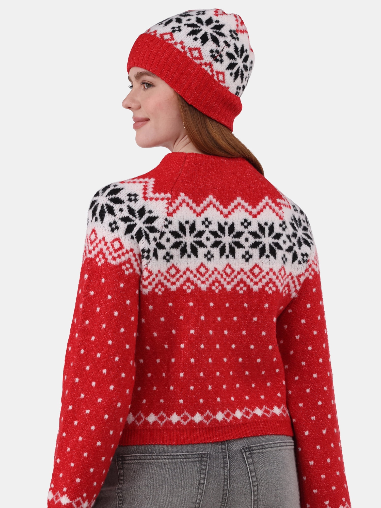 No Boundaries Fairisle Jacquard Pullover and Beanie Set, 2-Piece, Women's and Women’s Plus
