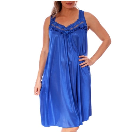 

Women s Silky Feeling Sleeveless Nightgown with Embroidery Lace Floral Design Royal Blue Size XL