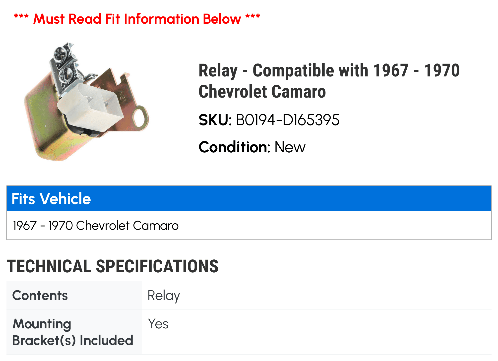 Relay - Compatible with 1967 - 1970 Chevy Camaro 1968 1969