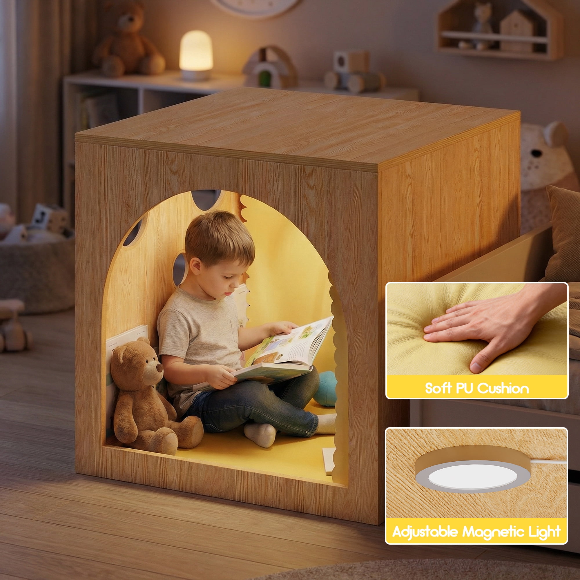 Advwin 30" Cozy Reading Cube with Curtains, Cushion Mat & Light, Wood Reading Nook Quiet Corner Playhouse with Whiteboard, Bookshelf & Acrylic Window Panel for Home School Classroom Daycare, Yellow