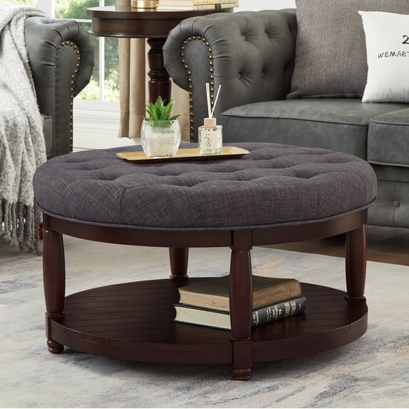 Dtwnek Upholstered Linen Ottoman Coffee Table with Shelf, Large Round Footrest for Living Room, Office, Dark Gray