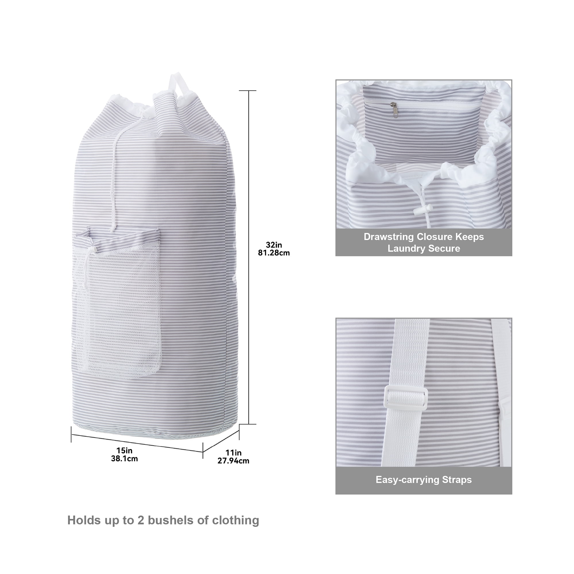 (3 pack) Mainstays Arctic White and Soft Silver Backpack Laundry Bag with Mesh Pocket 15"W x 11"D x 32"H, Adult