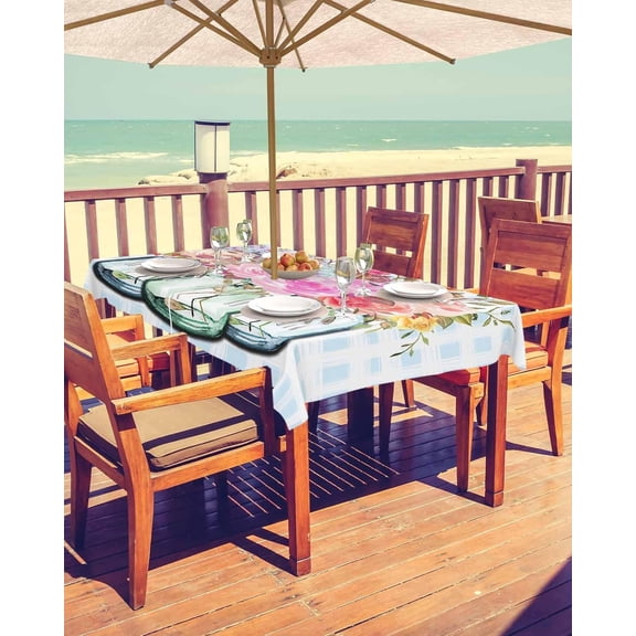 Spring Floral Outdoor Tablecloth - 60x102 Inch Rectangle Dining Table Cover, Blue Checkered Summer Botanical Watercolor Waterproof Outdoor Table Cloth with Umbrella Hole & Zipper for Patio