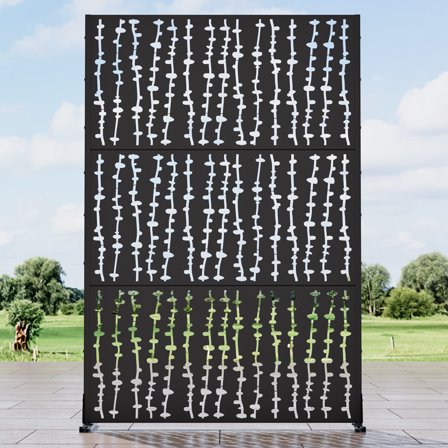 MAYEERTY 72*47" Outdoor Black Metal Freestanding Privacy Panel Screen for Patio, Plant Vine Pattern