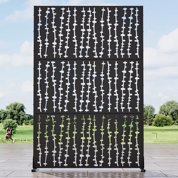 MAYEERTY 72*47" Outdoor Black Metal Freestanding Privacy Panel Screen for Patio, Plant Vine Pattern