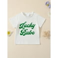 thumbnail image 3 of Zehjuhan Infant Baby Girl St Patricks Day Outfit Baby's "Lucky Babe" Print Short Sleeve Set, T-shirt & Rainbow Clover Pattern Flared Pants & Headband 3pcs Clothes, 3 of 10