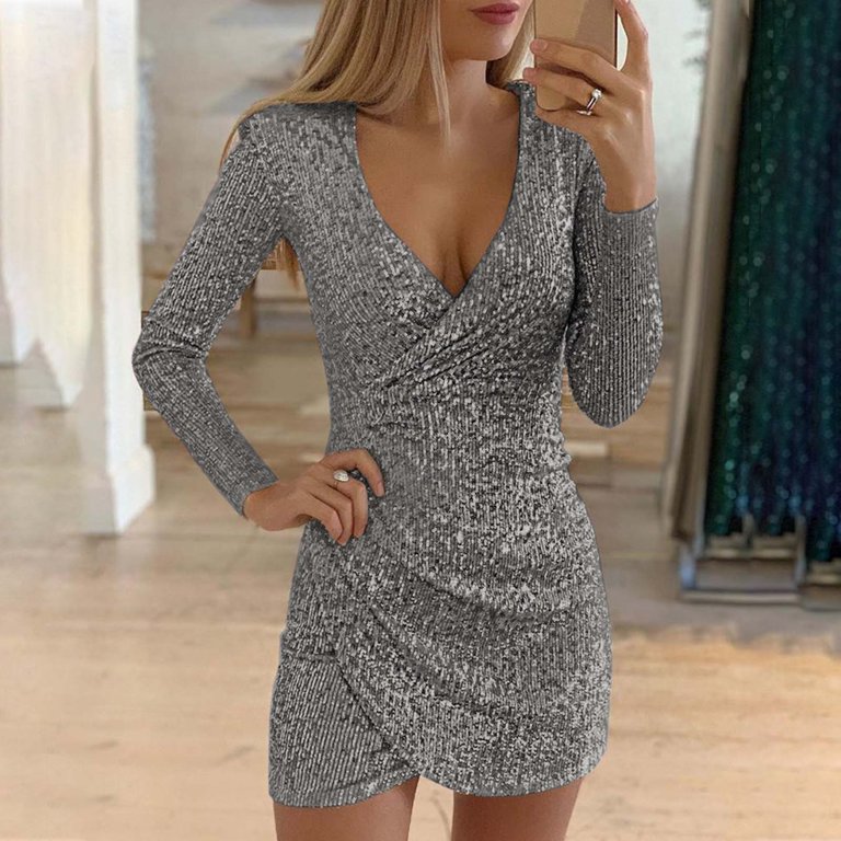 are sequin dresses in style 2023 Dresses for Women 2023 Womens Short/Long Sleeve Mini Sequin Dresses Deep V  Neck Slim Fitted Wrap Dress Fashion Sexy Short Night Club Dress