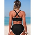 thumbnail image 6 of VISALY Women's Bikini Sets V Neck Halter Tankini Bathing Suits High Waisted Swimsuits Knot Front Triangle Top with Shorts Two Piece Swimsuit Knot Front Back Bathing Suit Swimwears Black Xl, 6 of 7