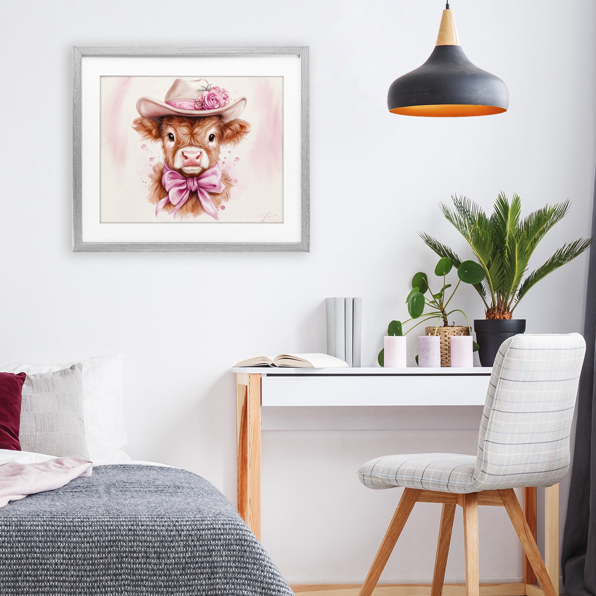Pretty In Pink Cow Gray Framed Print Under Glass, design by Shawna Stewart