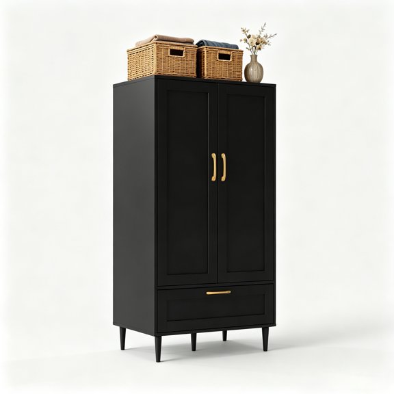 Wooden Armoire Wardrobe Closet, 2 Doors with 1 Drawer & Hanging Rod, Freestanding Clothing Storage Cabinet for Bedroom,Black