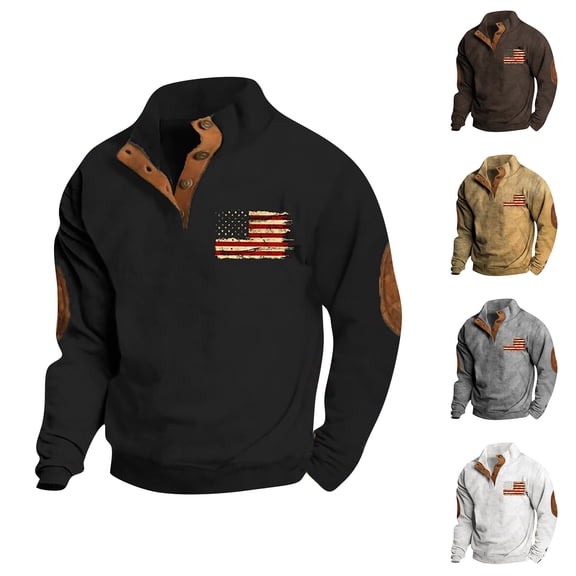 Men's Flag Print 3-Button Stand Collar Quarter-Zip Sweatshirt, Casual Outdoor Pullover Top, Spring Fall Patriotic Style,Orange,3XL
