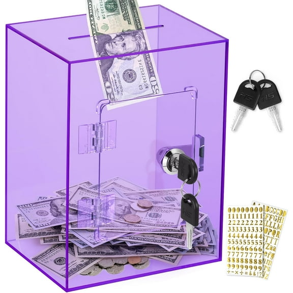 X-Large Piggy Bank for Adults Kids, Acrylic Clear Piggy Bank with Key Money Saving Box for Cash Saving, Openable Adults Bank for Real Money Bank Coin Bank Change Jar (Purple)