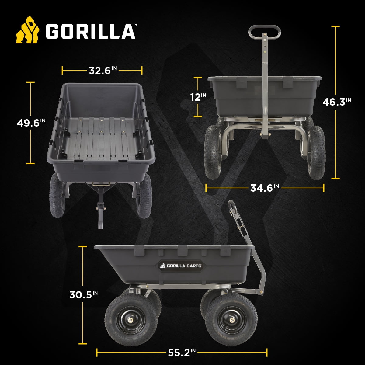 Gorilla Carts 10 Cu Ft Poly Yard Dump Cart - 1500 lb Capacity - Black