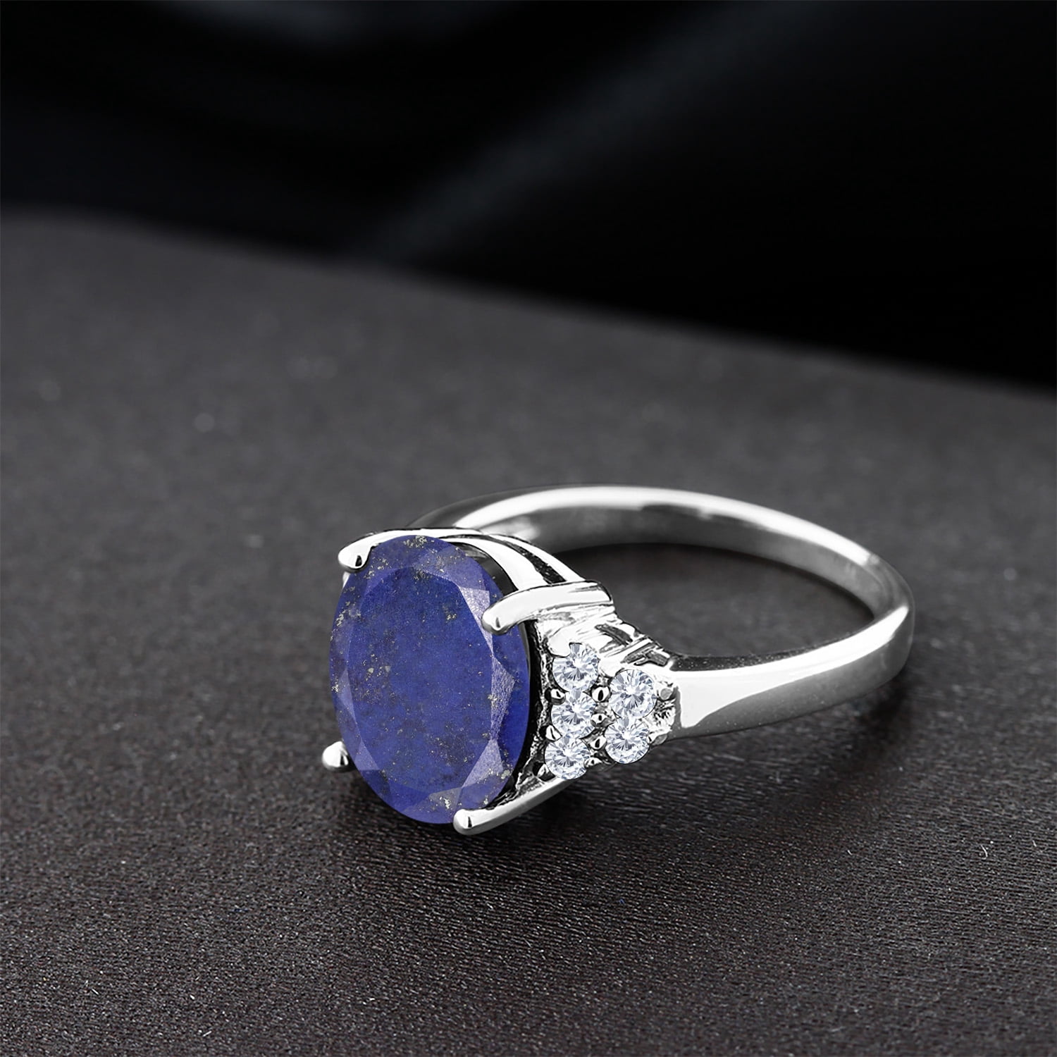 Gem Stone King 925 Sterling Silver Ring Oval Blue Lapis and Moissanite (4.38 Cttw, Size 5)