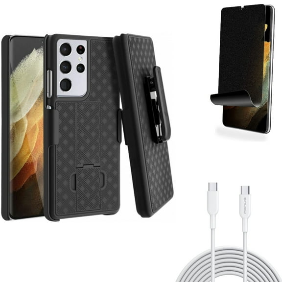 Case Belt Clip & 10ft Long Type-C Cable & Privacy Screen Protector for Samsung Galaxy S21 Ultra Phone - Holster Swivel & Fast Charger Cord PD & TPU Film Fingerprint Works Accessory Bundle