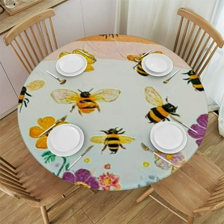 

Sheronv Flowers Bees Rainbow Round Table Cover Stain Resistant Washable Perfect for Indoor Outdoor Kitchen Dining Wedding Parties 100% Polyester Tablecloth with Elastic Edge 31 -35