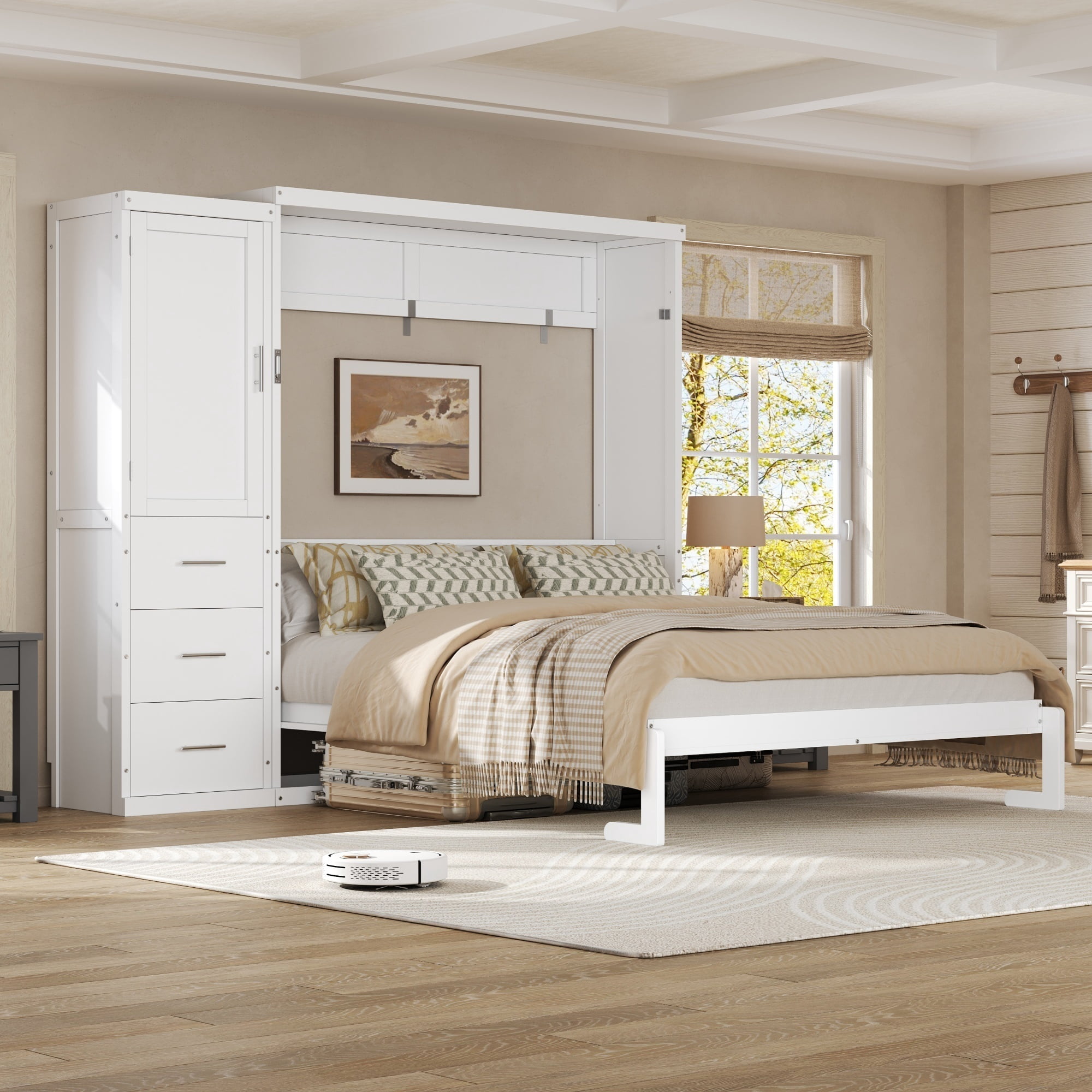 Euroco Wood Queen Size Murphy Bed with Drawer, Convertible Bed into Cabinet with USB Charging Station, White