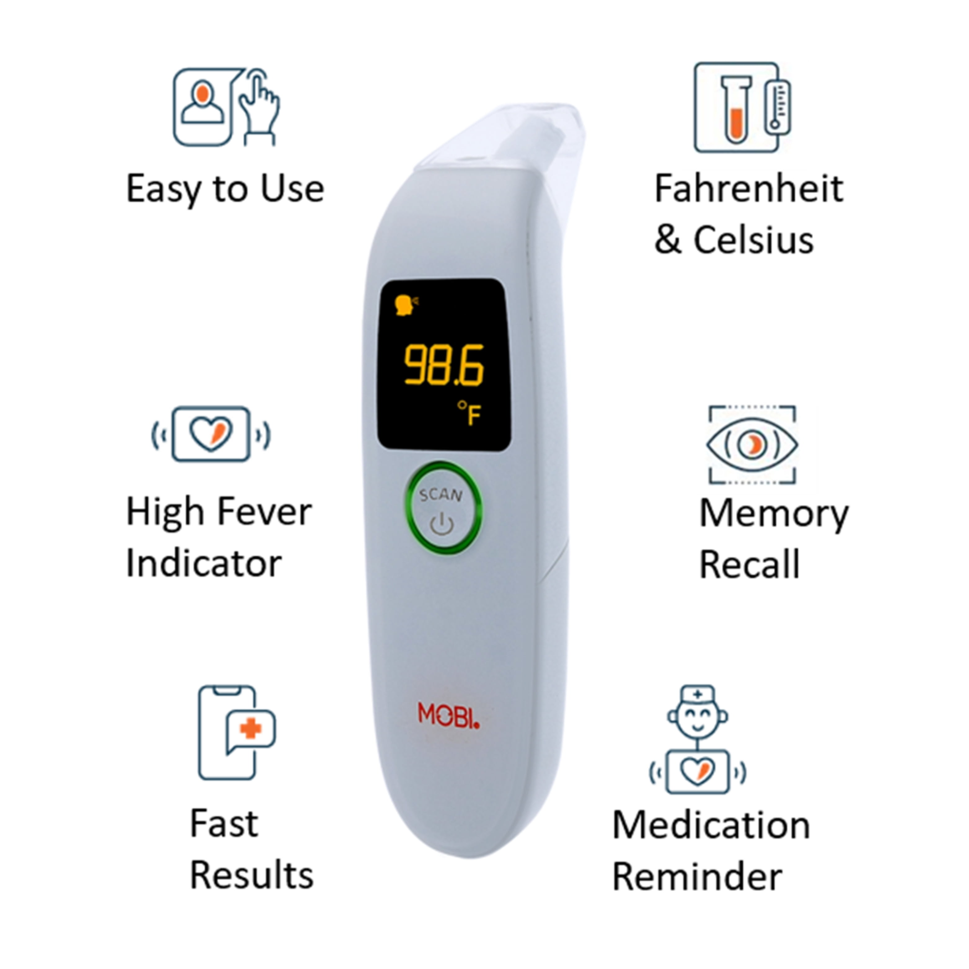 (12 pack) MOBI DualScan FeverTrack Ear & Forehead Medical Grade Thermometer w/ Medication Reminder Alarm