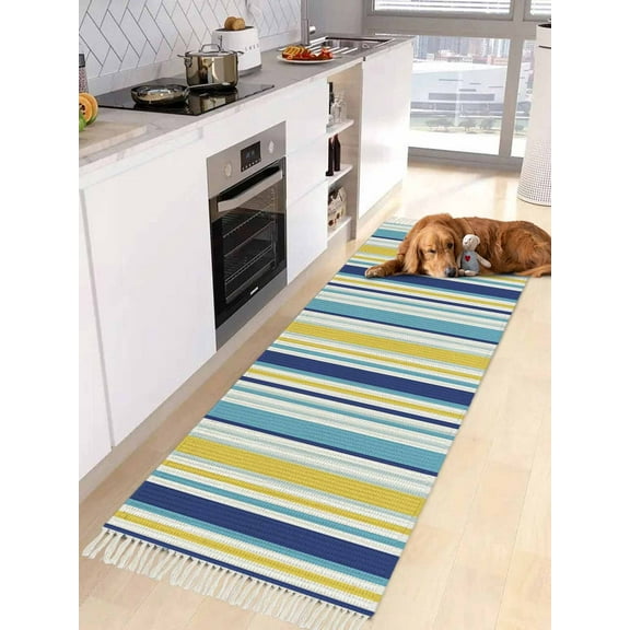 Blue Yellow Striped Entryway Runner Rug 2x4ft,Farmhouse Navy Blue Ombre Stripes Washable Woven Living Room Hallway Bedroom Kitchen Carpet with Tassels,Indoor Outdoor Throw Door Mat for Entryway