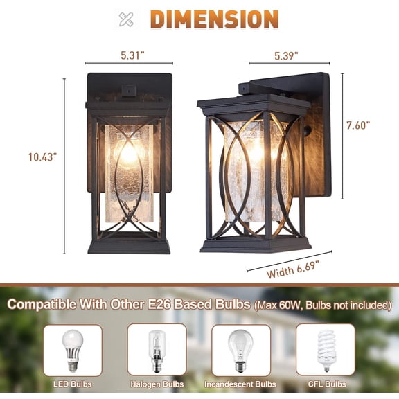 Dusk to  Outdoor Wall Lanterns Small Modern Exterior Light Fixture Aluminum with Crack-Like Glass,  and IP65 Waterproof Wall Sconce Outdoor Wall Light for Porch, Garage, Front Door, Black
