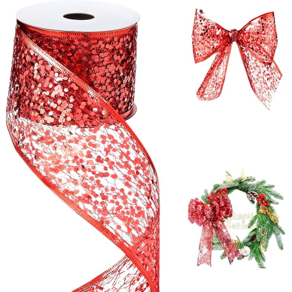 2.5 Inch Mesh Wired Ribbon Metallic Sequin Glitter Web for Christmas Tree Gift Wrapping Crafts Topper Bows Wreaths Holiday Decor Garland 10 Yards
