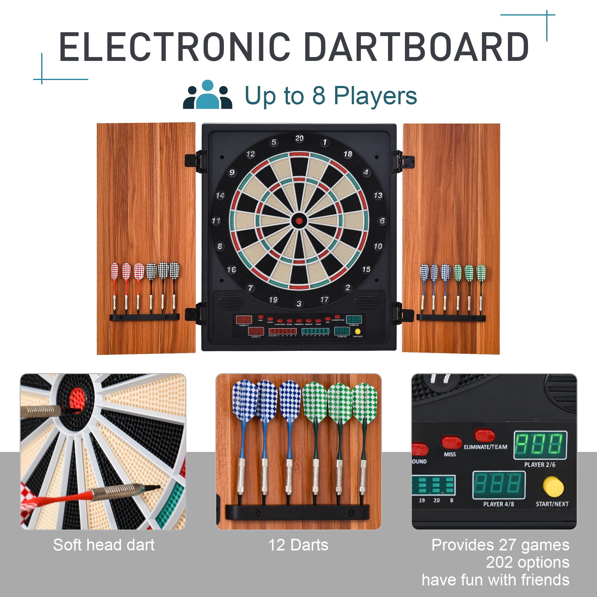 Soozier Electronic Dartboard Set 27 Games and 202 Variations with 12 Darts and Cabinet to Storage Multi-Game Option Ready-to-Play 