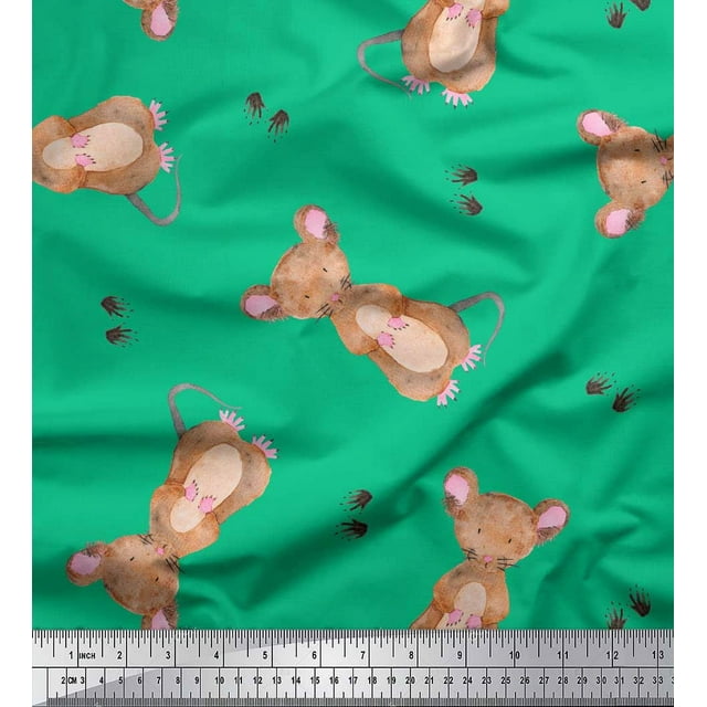 Soimoi Green Heavy Canvas Fabric Footprints & Mouse Kids Print Fabric by Yard 58 Inch Wide
