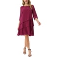 thumbnail image 1 of Vestido de gasa para mujer Inspire Chic con volantes, de capas, fluido, de manga 3/4, corte A, hasta la rodilla, color rojo vino, talla M, 1 of 6