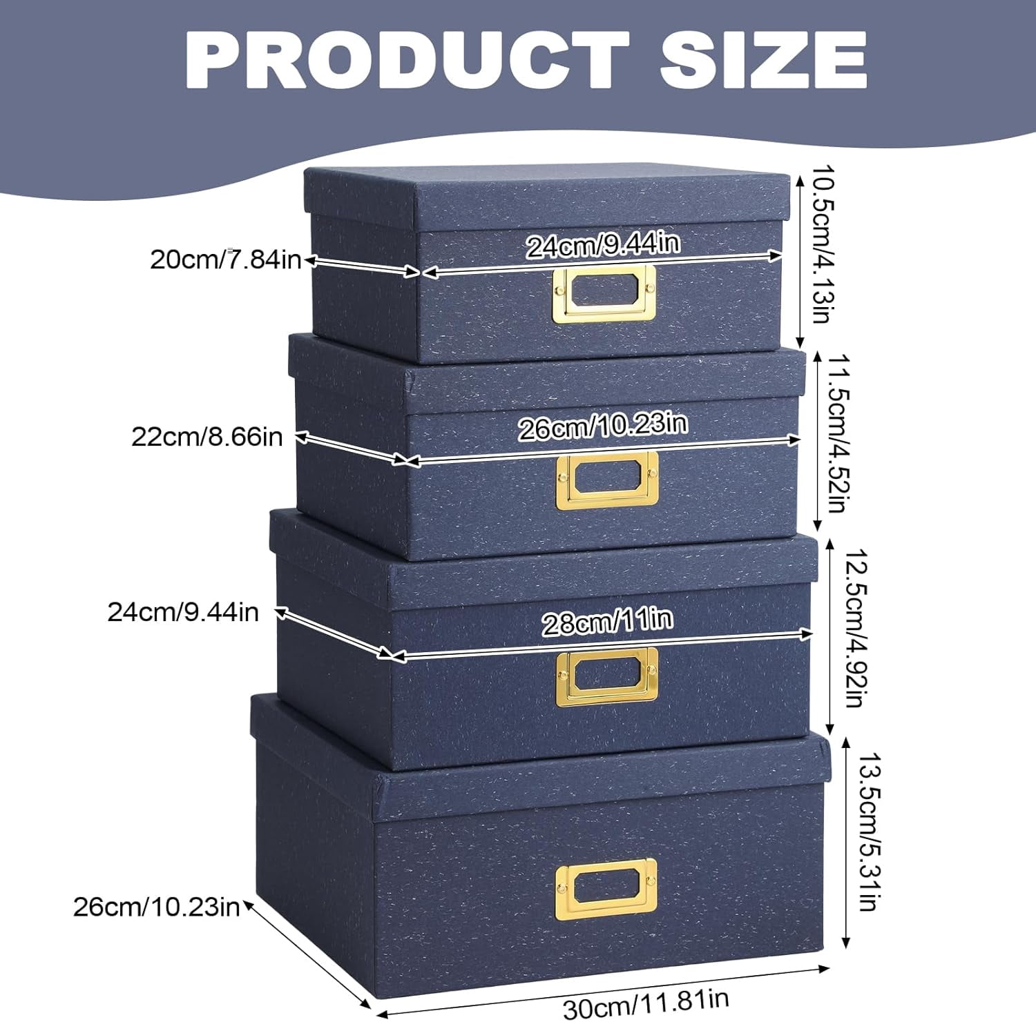 Decorative Storage Boxes with Lids, Kraft Paper Boxes with Gold Label Holders, Photo Memory Keepsakes Storage, Cardboard Organizers for Home Decor, Office Organizing (Blue)