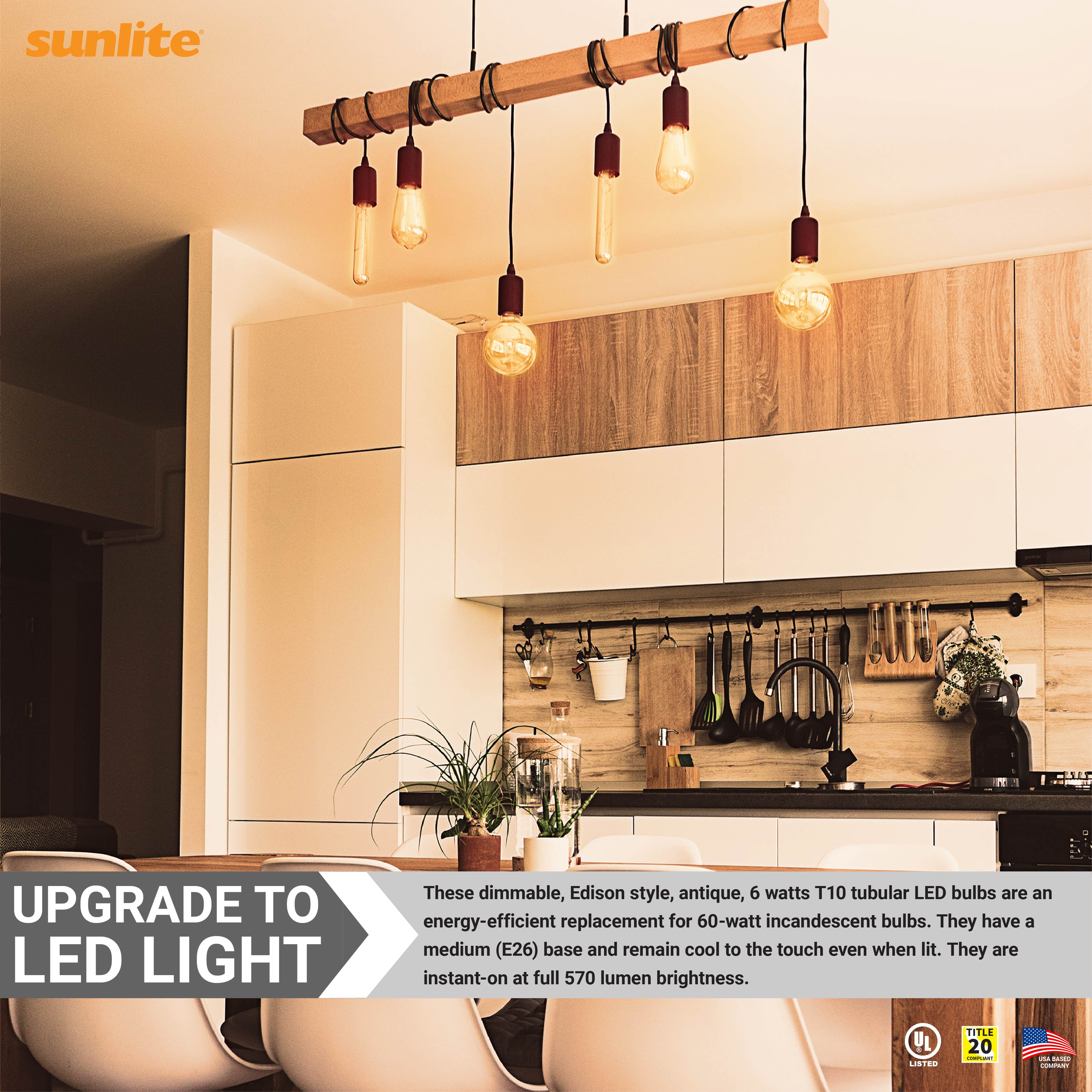 Sunlite 41911 LED Filament T10 Tubular Light Bulb, 6 Watts (60W Equivalent), 570 Lumens, Medium E26 Base, 120 Volts, Dimmable, 90 CRI, UL Listed, Title-20 Compliant, 2200K Amber, 5 Pack
