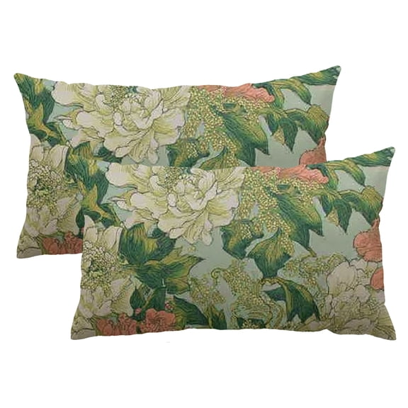 Qinduosi Spring Sage Green Flowers Chinoiserie Pillow Covers 12x20'' Set of 2 Light Green Floral Throw Vintage Sage Lumbar Cushion Cover 12x20inch