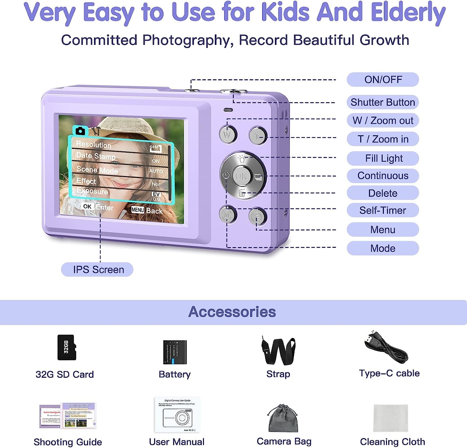 Digital Camera Kids Camera FHD 1080P 44MP Vlogging Camera with 16X Digital Zoom Portable Mini Digital Camera for Kids Teens Seniors with 32GB Card (Purple)