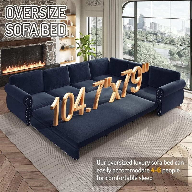 118" L-Shaped Convertible Sleeper Couch Bed, Chenille Upholstered Sectional Sofa with Pull-Out Sofa Bed, Modern Chesterfield Sofa for Living Room