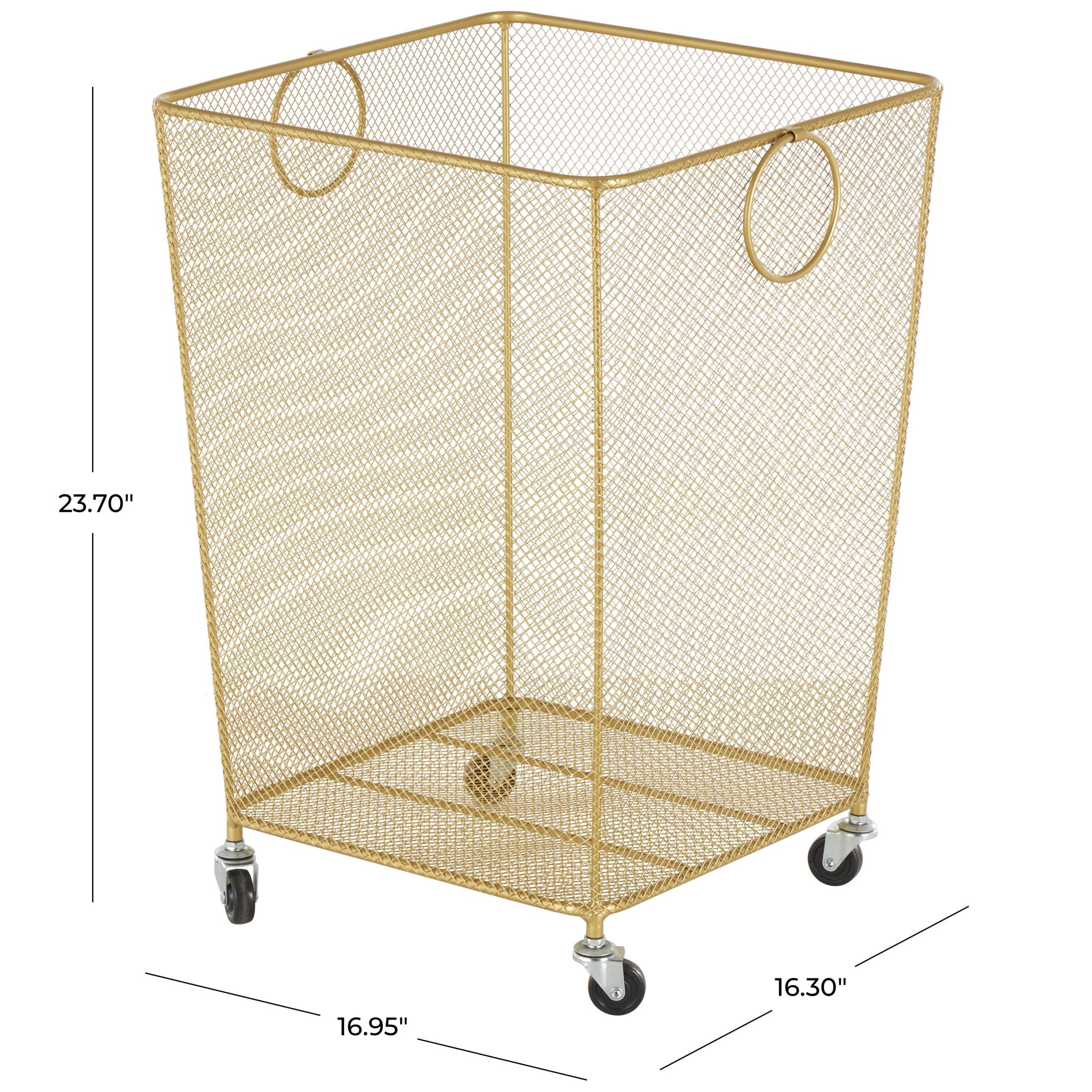 DecMode Gold Metal Square Mesh Wire Rolling Laundry Storage Cart with Ring Handles