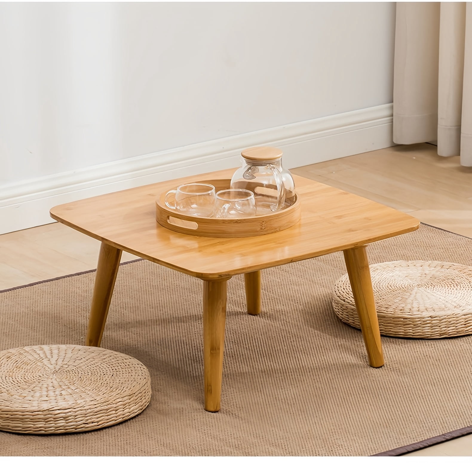 Square Tatami Bamboo Coffee Table for Living Room, Bedroom - Low Tea Table for Floor Sitting, Small Drawing Reading Studying Floor Furniture, Home Sofa Side Accent