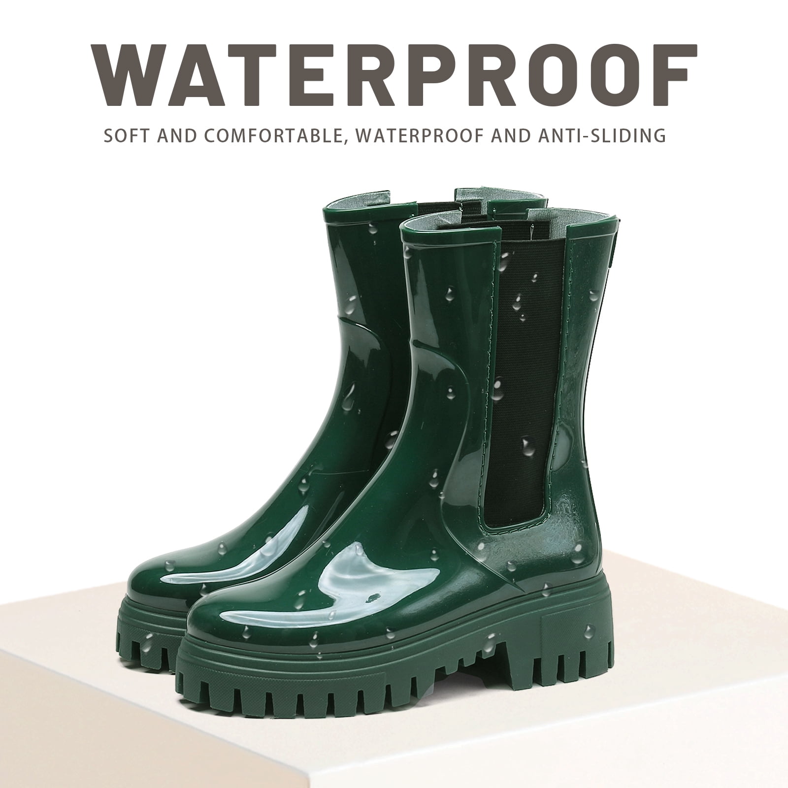 Lcamaw Rain Boots for Women, Waterproof PVC Rubber Garden Boots Womens Chelsea Boots Short Platfrom Rain Boots, Anti-Slip Elastic Slip On Rainboots Garden Rain Shoes for Yard Farm Outdoor Work