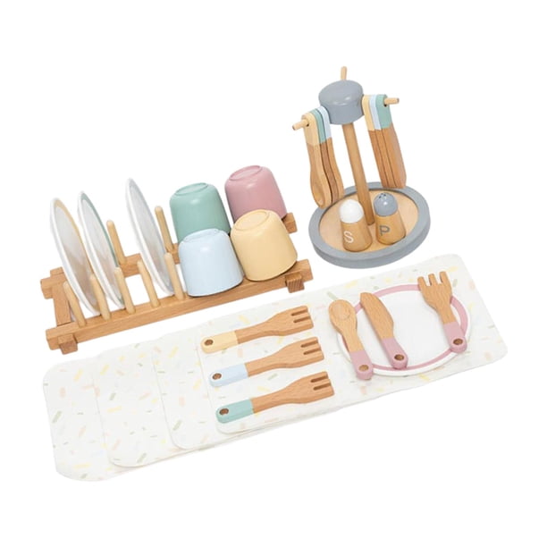 Platos de juguete de madera, juego de platos y cubiertos, cucharas de simulación, platos de juego para niños, Montessori para niñas, regalo de