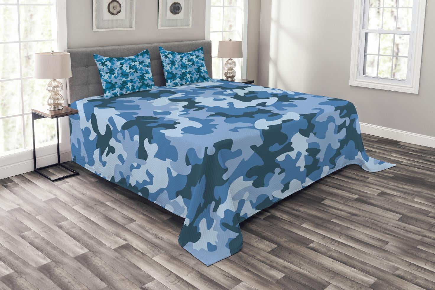 Camo Bedspread Set King Size, Colorful Composition with Abstract Shapes in Blue Shades Dark and