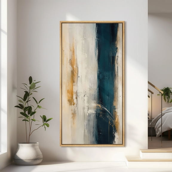 Large Framed Canvas Wall Art Blue Gold Vertical Abstract Print for Living Room Decoration - 60"x30" Natural Frame